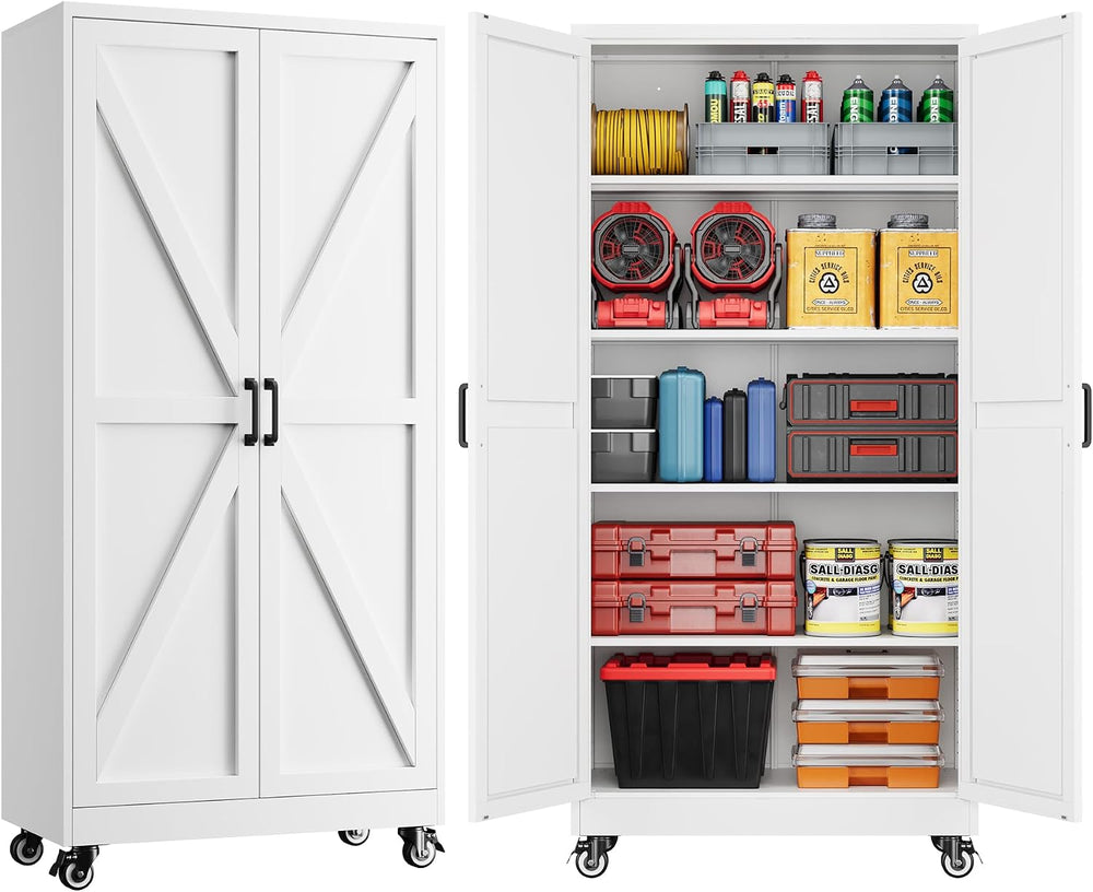 72" Tall Wheeled Garage Storage Cabinet, Rolling White Tool Cabinets.