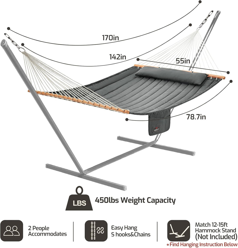 Double Quilted Hammock with Hardwood Spreader Bars and Pillow