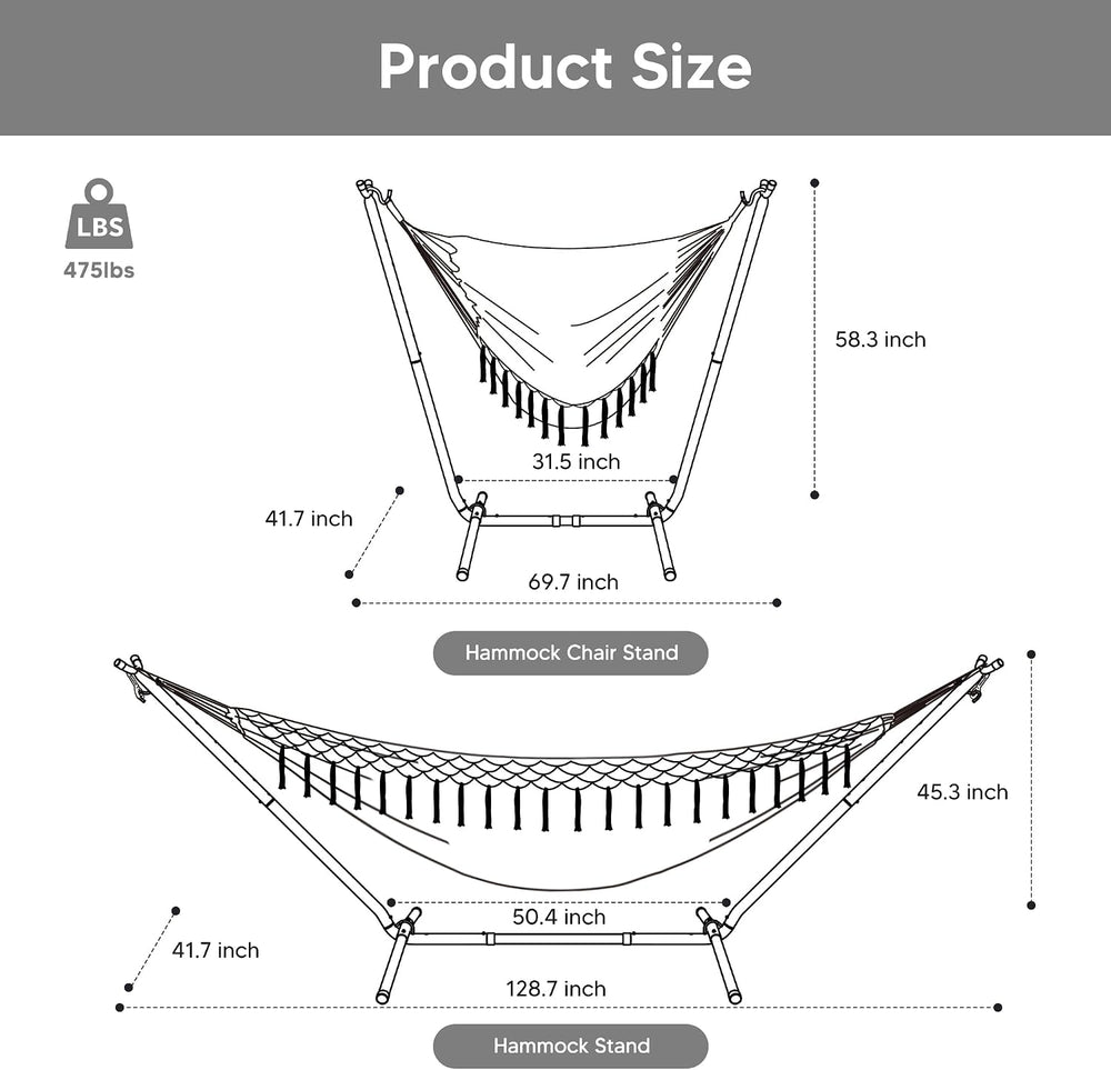 2-in-1 Convertible Portable Hammock with Stand, Natural Tassel