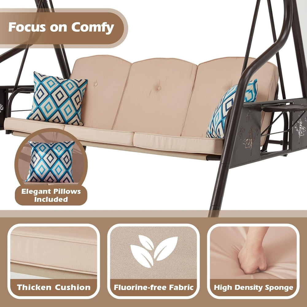 3-Seat Patio Porch Swing 800LBS Outdoor Swing with Stand w/Canopy & Adjus...