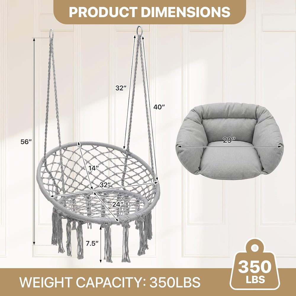 Monibloom Hanging Hammock Chair with Cushion, Macrame Swing Chair, Gray