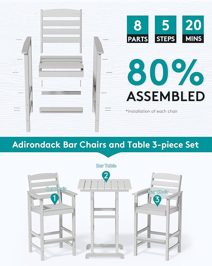 SERWALL Tall Adirondack Bar Chairs and Table 3 Pieces Set, Adirondack Bar Hei...