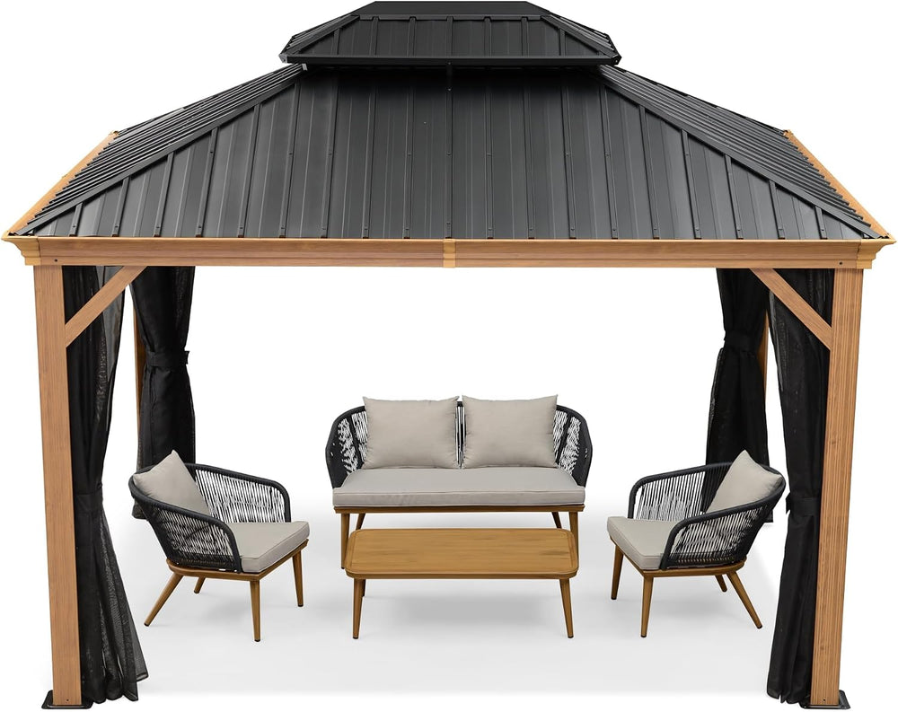 PURPLE LEAF Hardtop Gazebo 10' x 12' with Drainage System, Wood Grain...