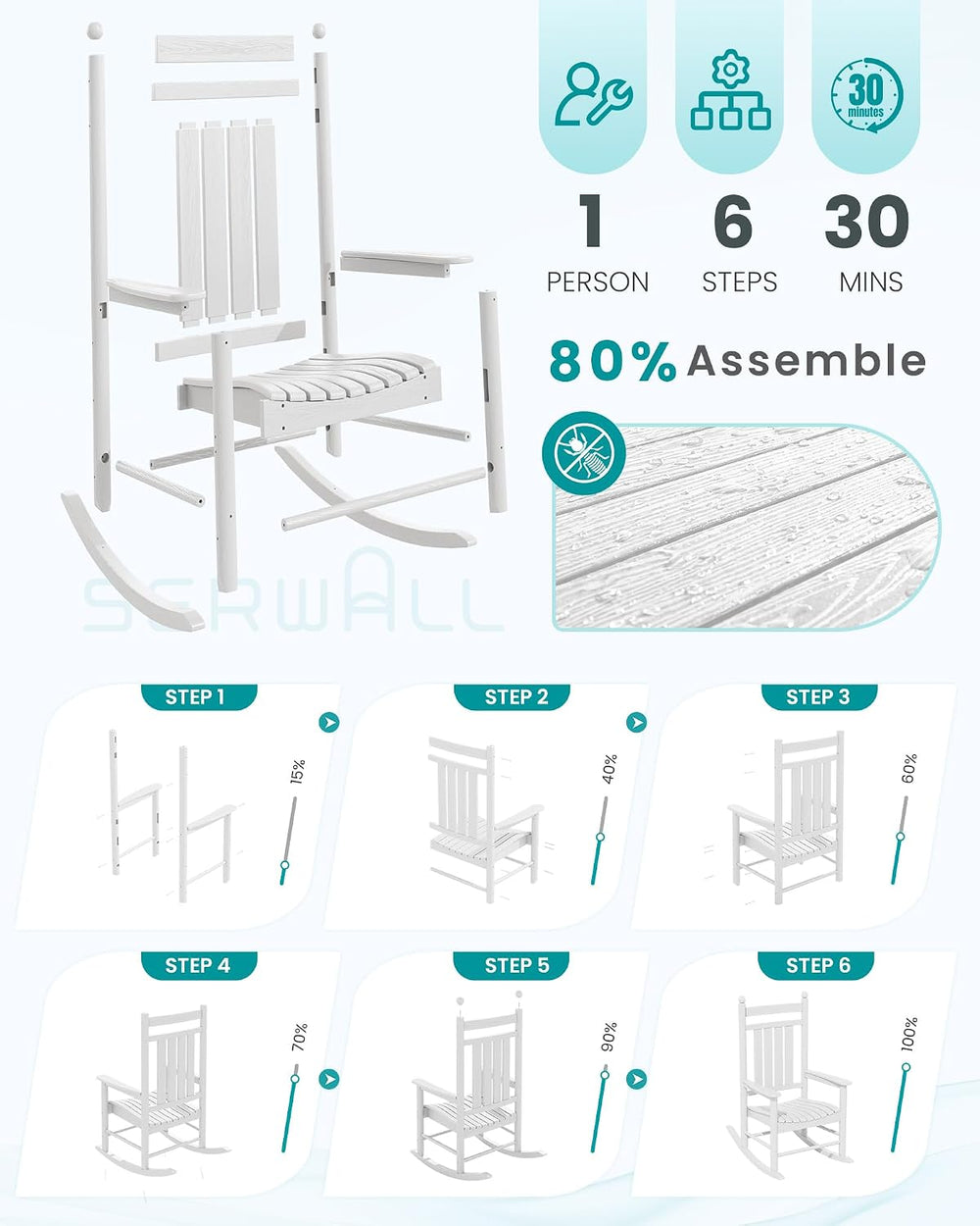 SERWALL Rocking Chair Outdoor, Comfortable Rocker for Adults, White