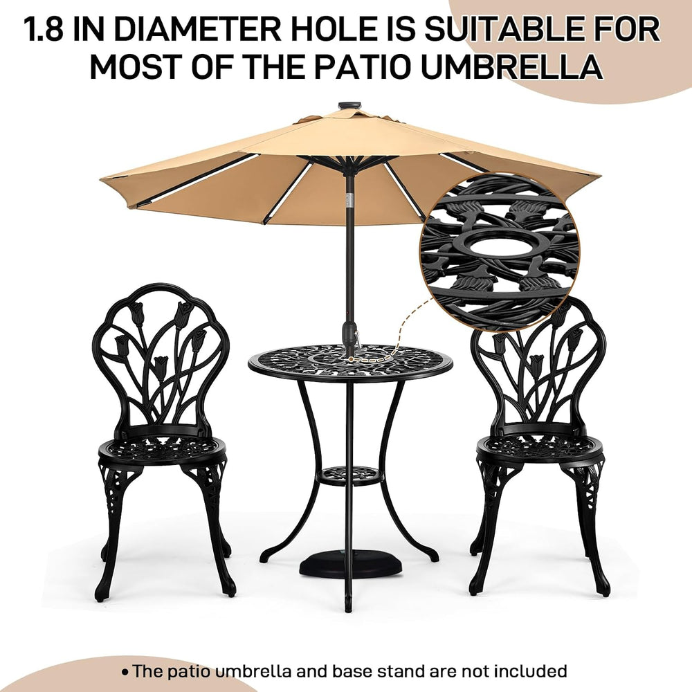 Outvita 3 Piece Cast Aluminum Bistro Set, Tulip Pattern Black