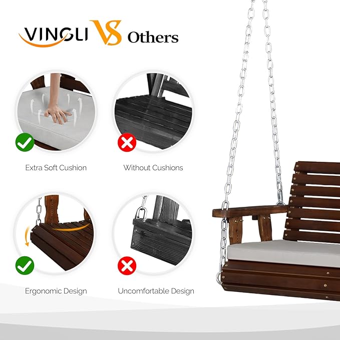 VINGLI Heavy Duty 880 LBS Patio Wooden Porch Swing Outdoor with Extra Cushion...