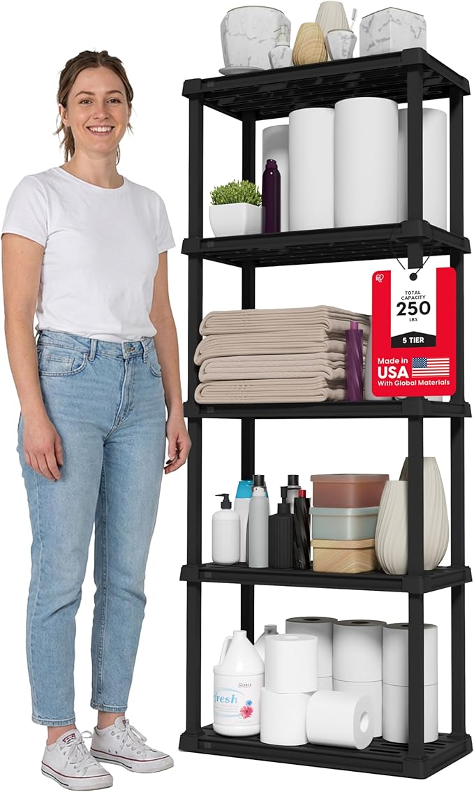 IRIS USA 5-Shelf Light Duty Plastic Storage Shelves, 250lb Capacity, 64"...