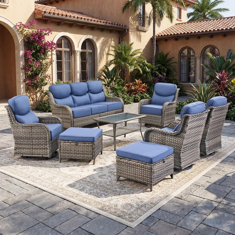 8 Pieces Outdoor Wicker Patio Furniture Set with Table High Back 6'' ...