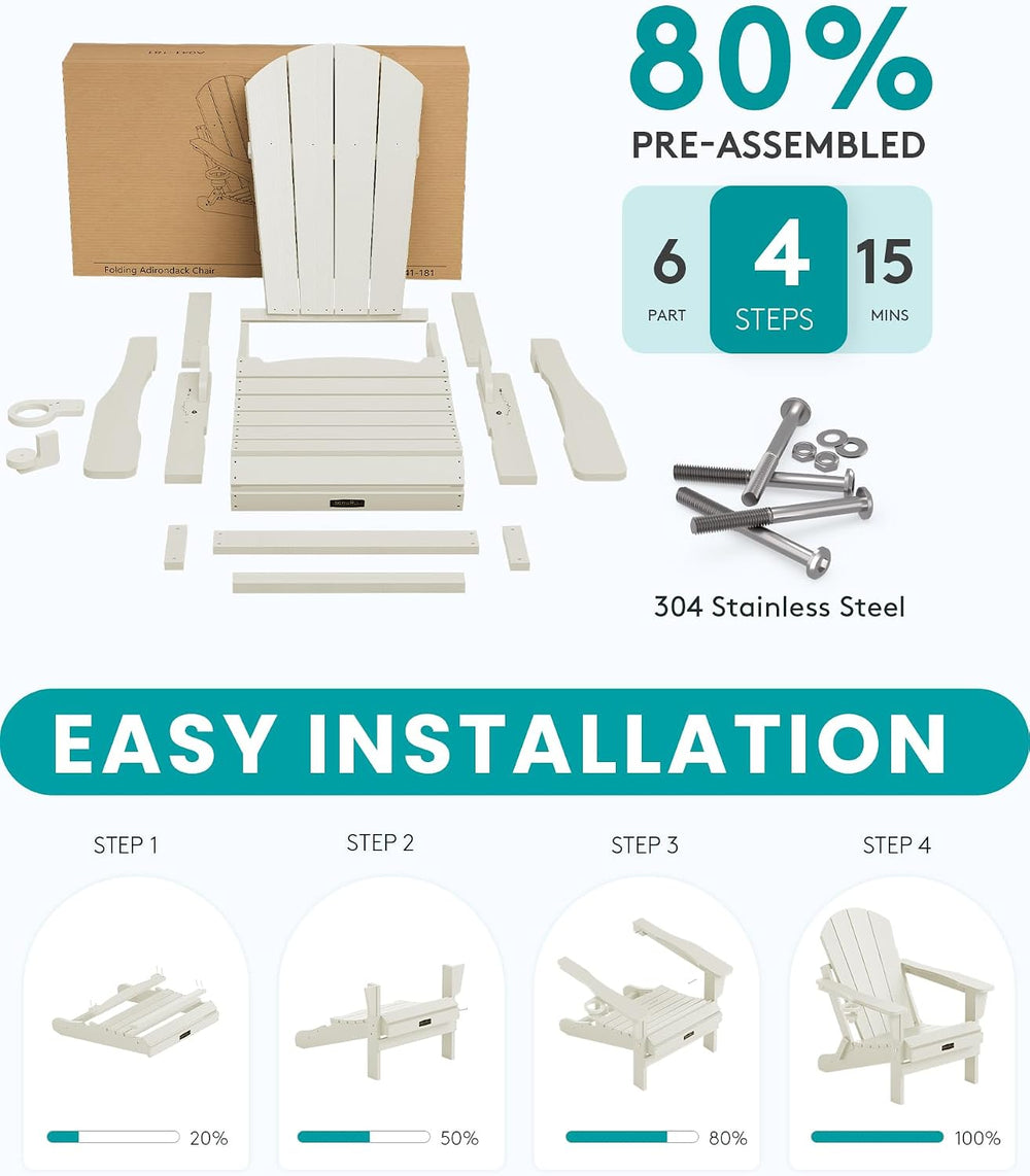 SERWALL Folding Adirondack Chair Set of 4 with Cup Holder for Outdoor-White