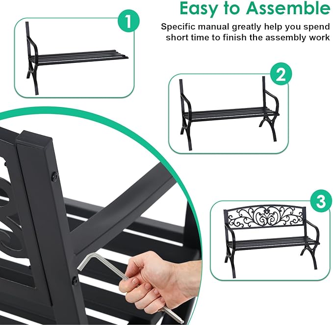 FDW Outdoor 50 Inches Garden Bench, Slatted Seat Armrests Floral Design Backr...