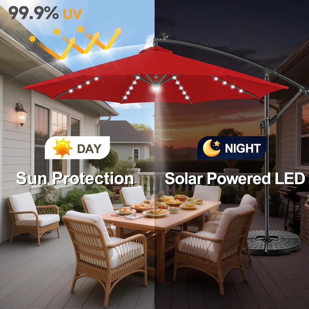FLAME&SHADE Cantilever Umbrella Solar with Centre Light, 10 FT, Red