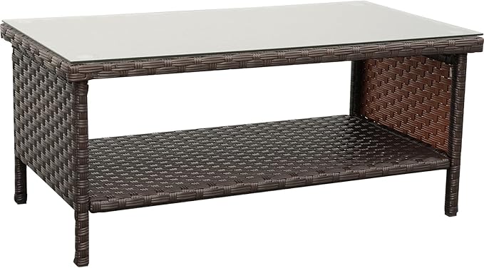 Outdoor Wicker Coffee Table Patio Furniture Garden Rattan 2-Layer Glass Table...