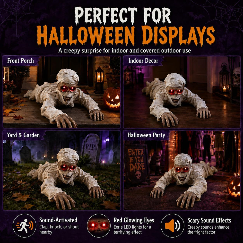 Sound Activated Crawling Mummy Halloween Decoration, Skeleton Face Prop