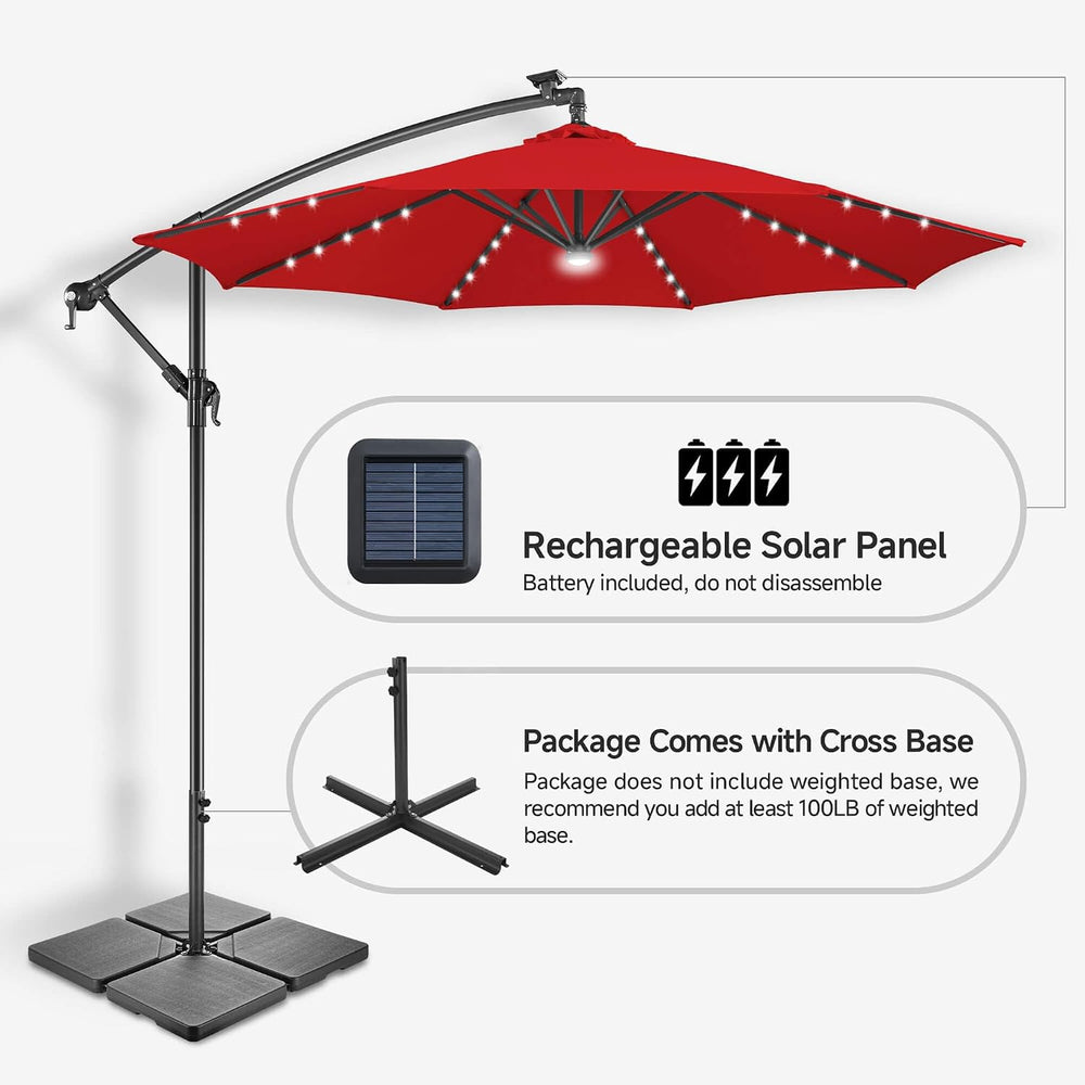 FLAME&SHADE Cantilever Umbrella Solar with Centre Light, 10 FT, Red
