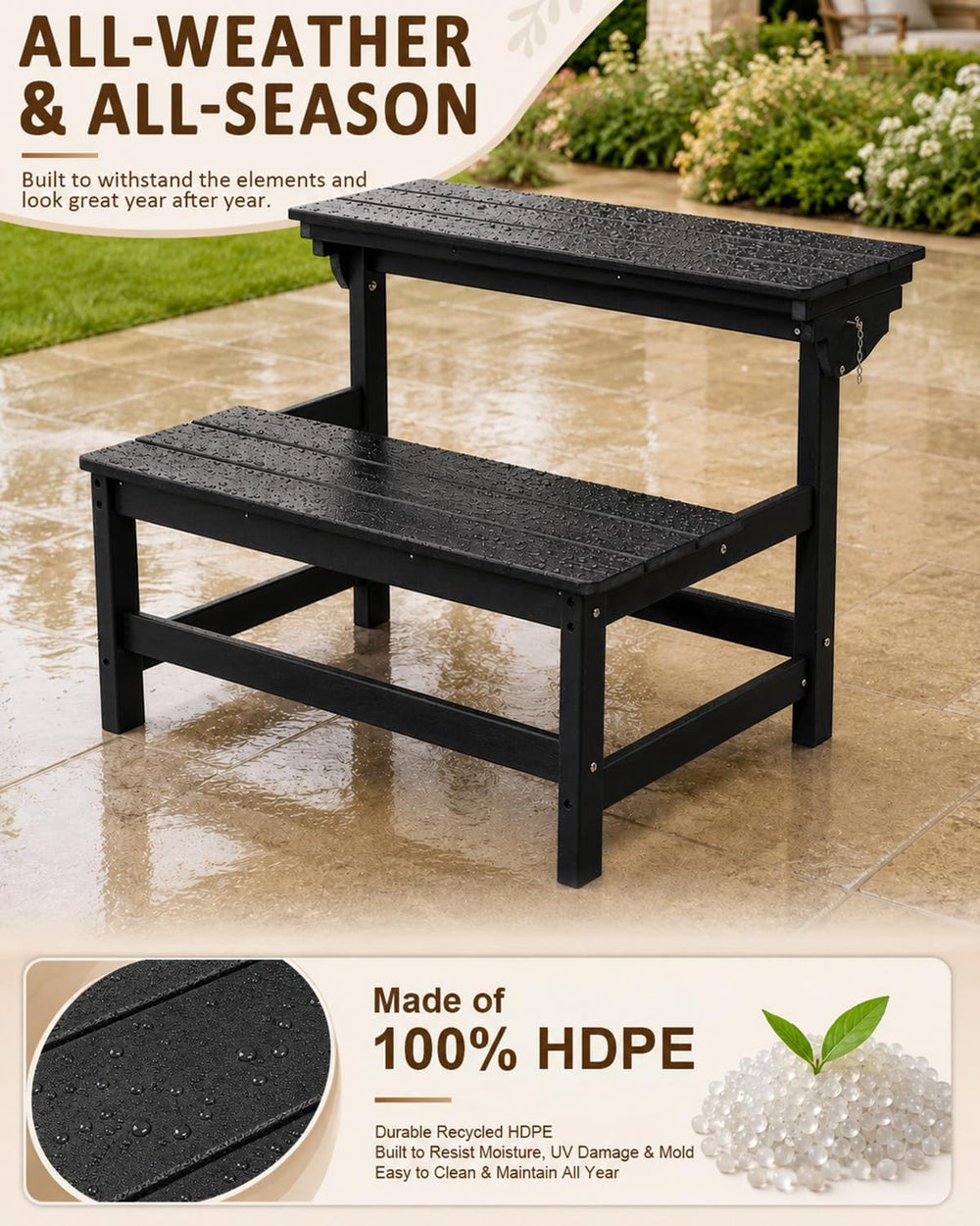 2 in-1 Outdoor Bench, HDPE 2 Person Outside Bench Weatherproof, Black