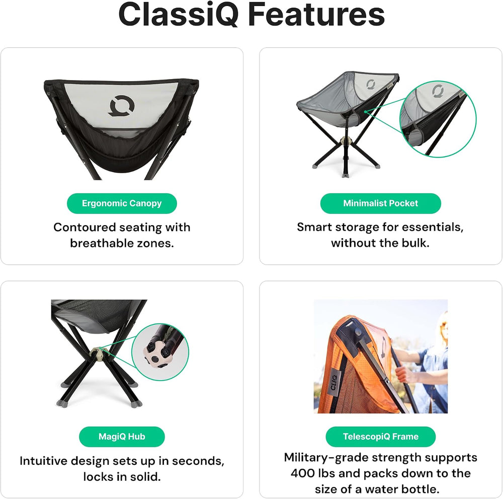 ClassiQ Low-Back Camping Chair, Lightweight Portable Chair, Grey
