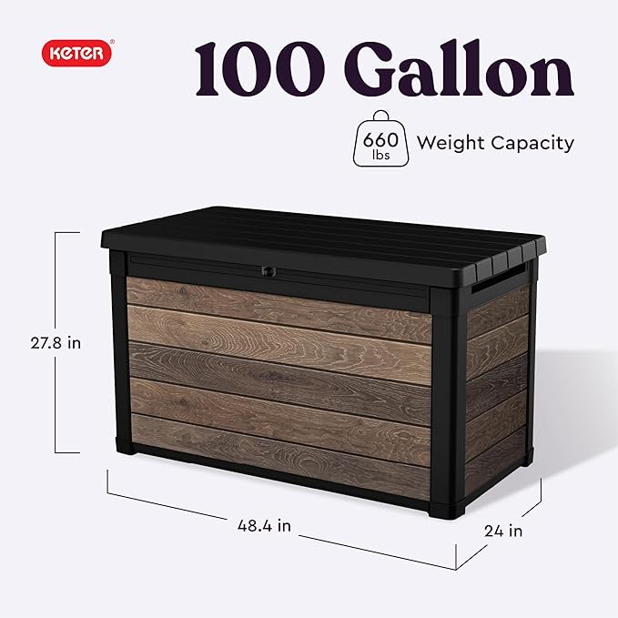 Keter Walnut 100 Gallon Resin Deck Box-Organization and Storage for Patio Fur...