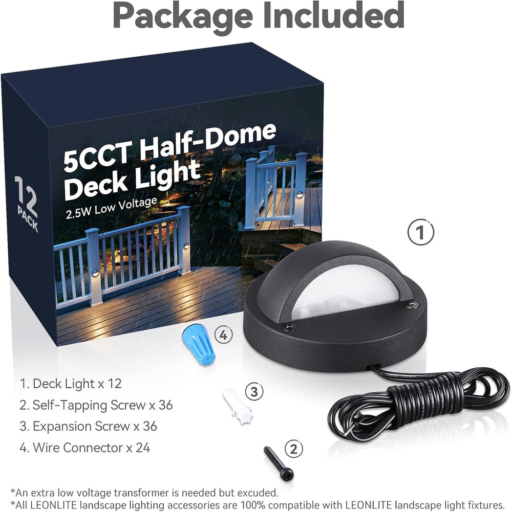LEONLITE 12-Pack 5CCT 3.74inch Low Voltage LED Deck Lights, Black