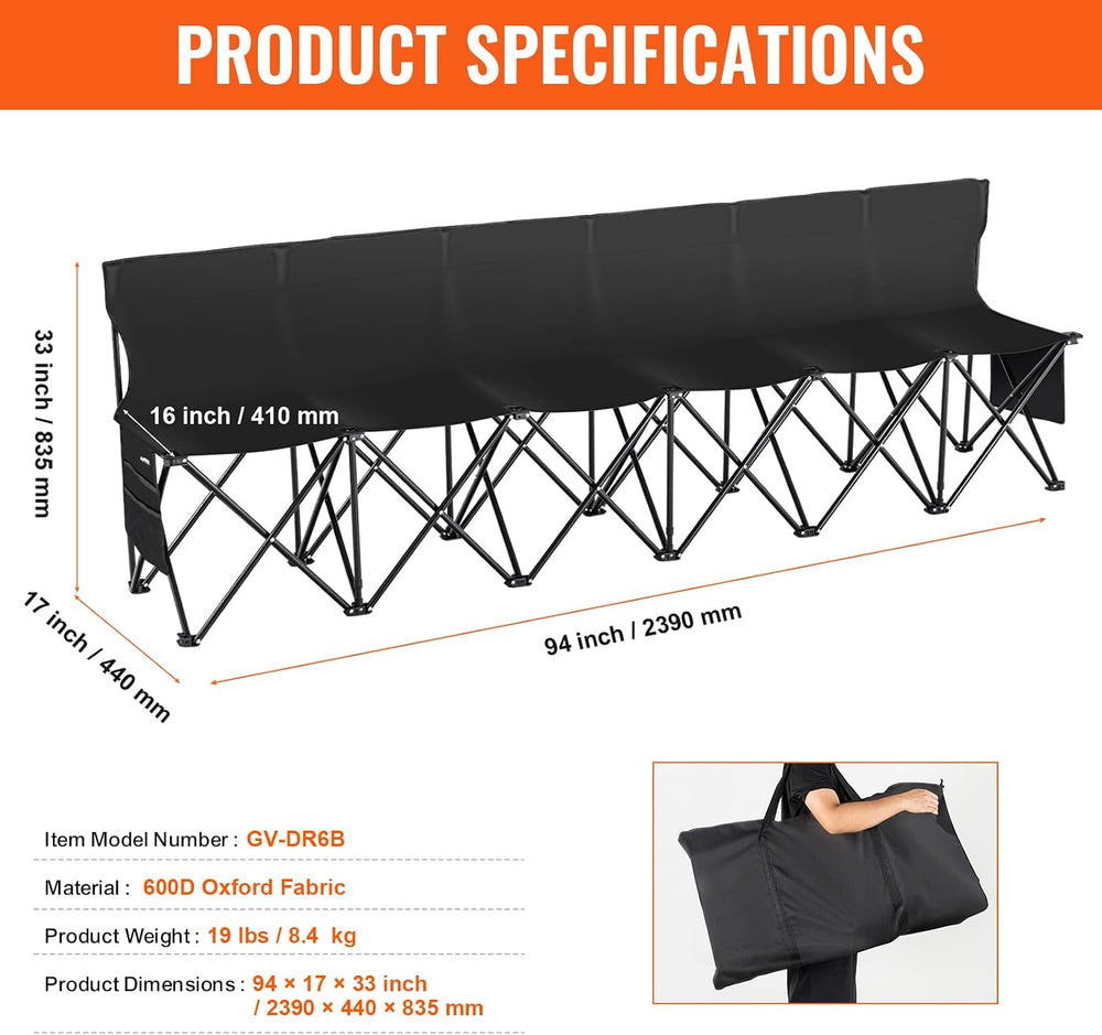 VEVOR Portable Folding Bench 6 Seats Sideline Camping with Backrest Black