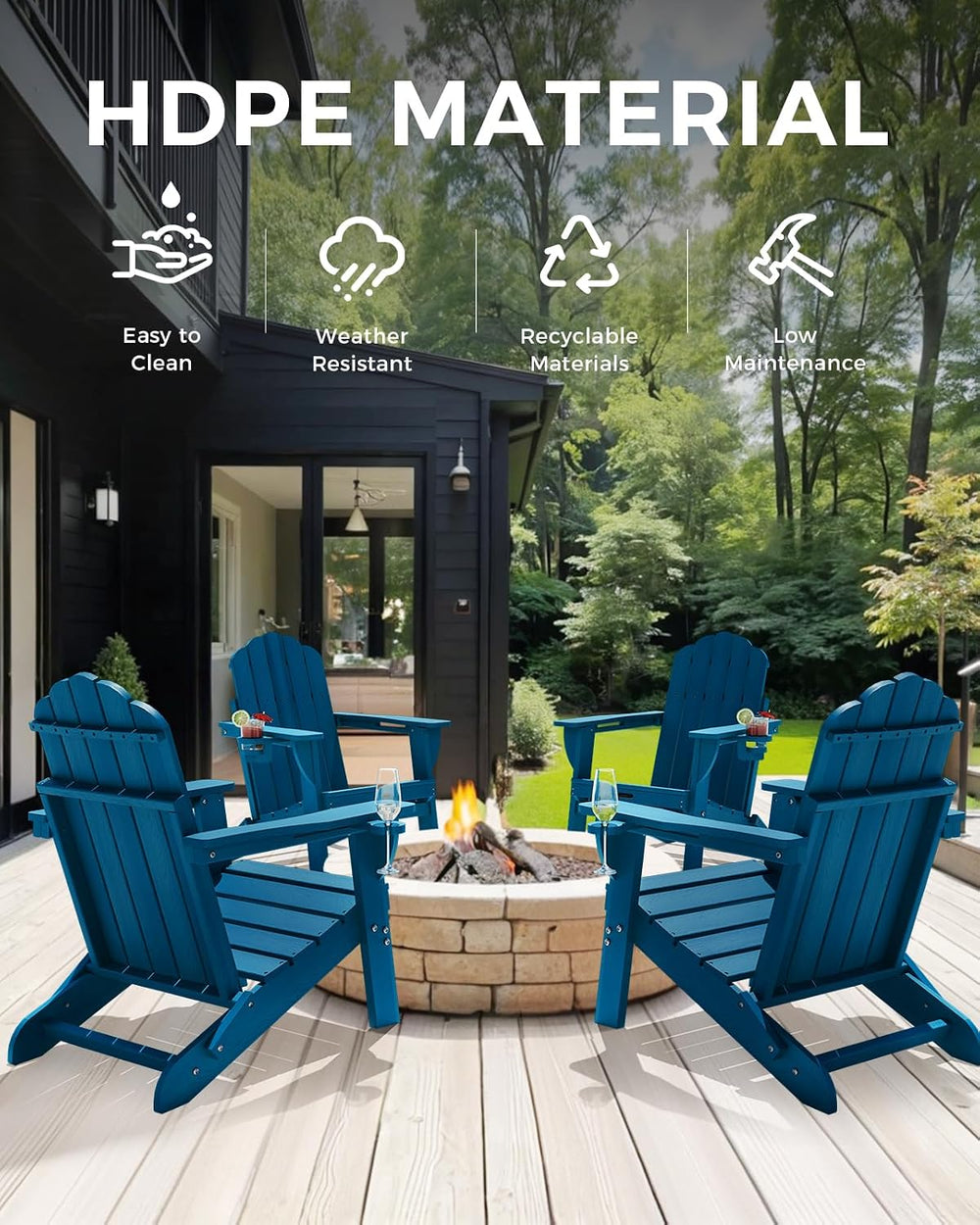 Folding Adirondack Chairs Set of 4, Plastic Patio Chair with 2 Cup Holders
