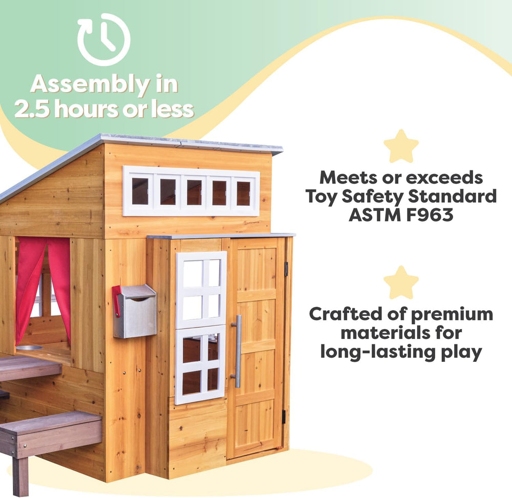 KidKraft Modern Outdoor Wooden Playhouse with Picnic Table, Mailbox and Outdo...
