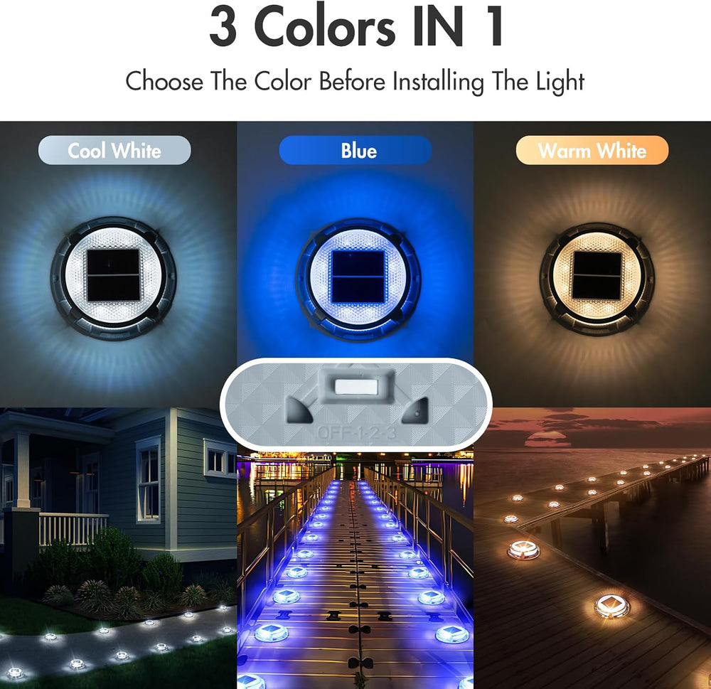 Quntis Solar Deck Lights Outdoor 12 Pack, 3 Color Modes Solar Driveway Lights...