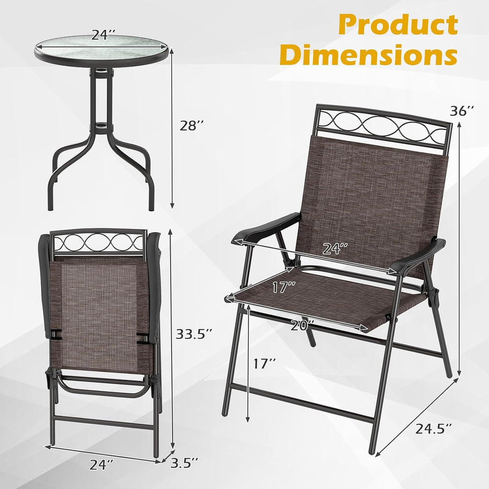 HAPPYGRILL 3 Pieces Patio Dining Set with Round Glass Table, Folding Chairs, ...