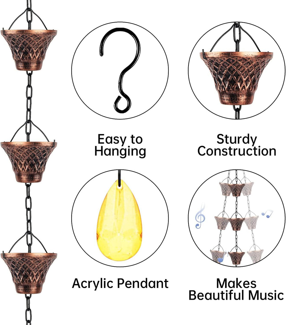 Rain Chains for Gutters Outside Copper Rain Chain 8.5FT 12 Cups