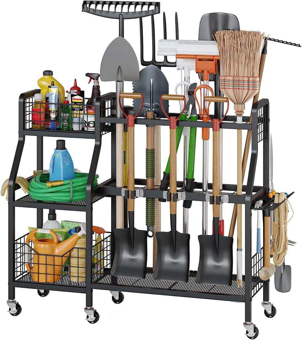 keomaisyto Heavy-Duty Garden Tool Organizer with 6 Wheels and 2 Baskets