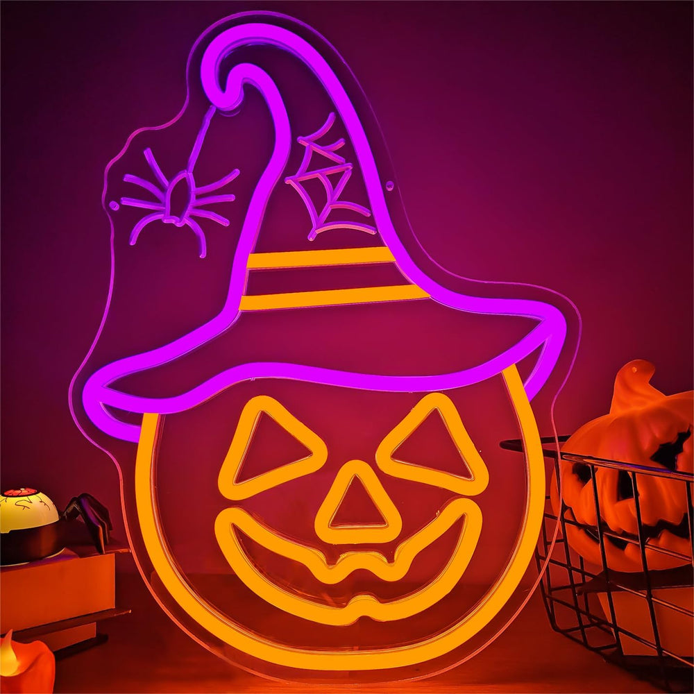 Halloween Neon Sign Pumpkin Neon Sign for Wall Decor Witch Hat Halloween Pump...