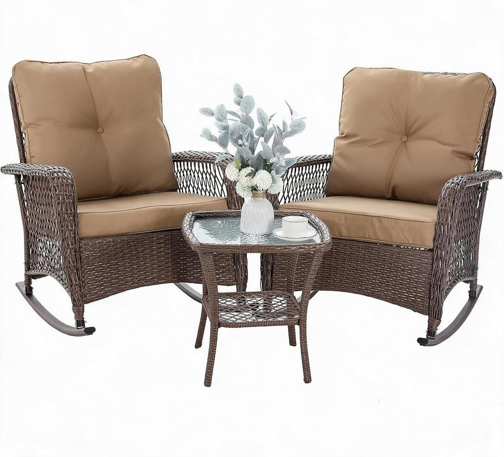 Patio Furniture Set 3 Pieces, Wicker Outdoor Rocking Bistro Set, Khaki