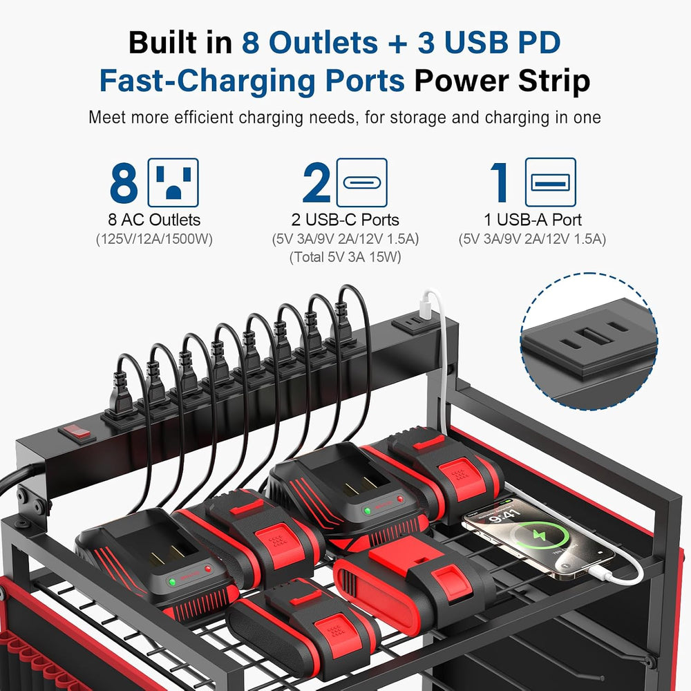 JUNNUJ Power Tool Charging Organizer Cart, 8 Outlet 3 USB, 6 FT Cord, Red