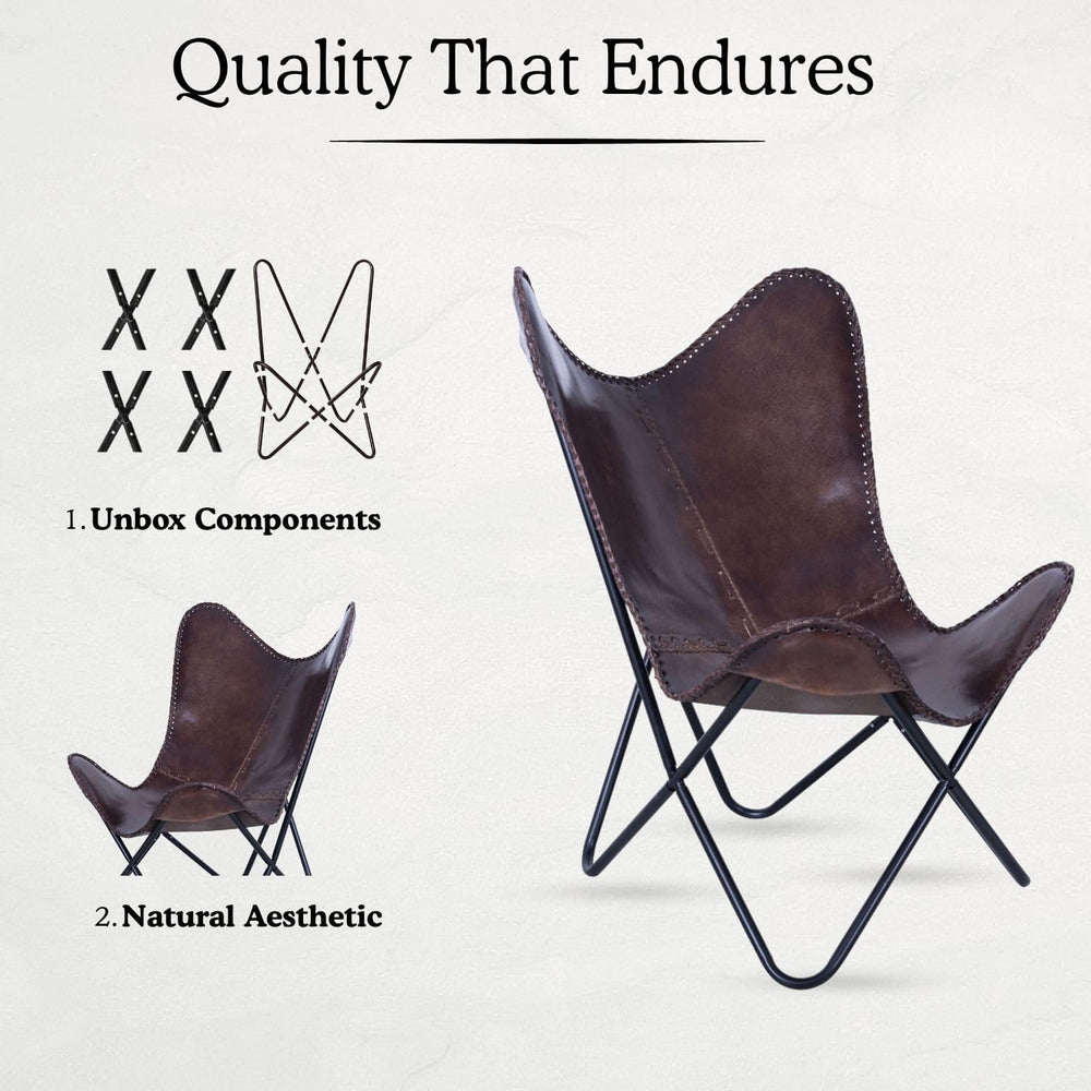 Indian Hando Art Vintage Brown Leather & Arm Butterfly Chair | Genuine Ta...