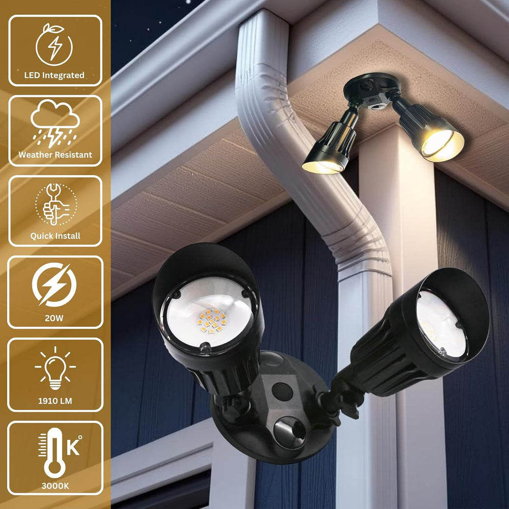 LED Black 2-Light Bullet Flood Light- 3000K Adjustable Dual Head Hardwired Ou...