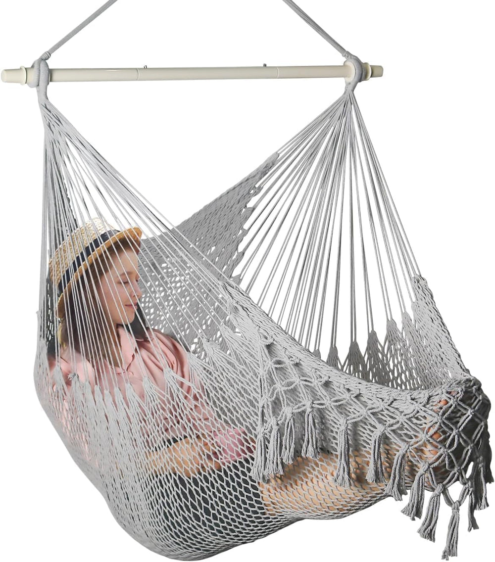 Handwoven Cotton Rope Hammock Chair with Metal Spreader Bar, Boho Hanging Cha...