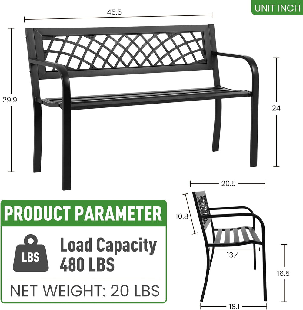 Outdoor Garden Bench, Iron Steel Frame Patio Bench with Mesh Pattern and Plas...