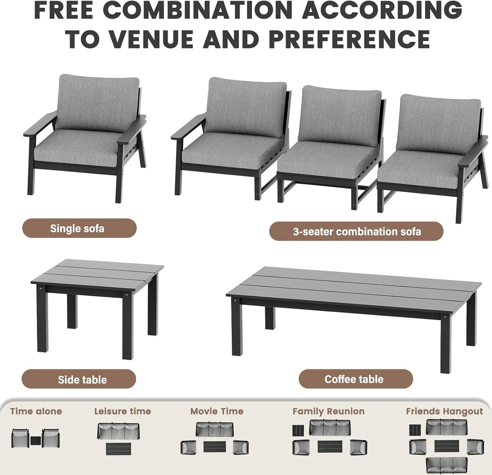 LOUNZY 7 Piece Patio Furniture Set,HDPE Outdoor Conversation Sets Black