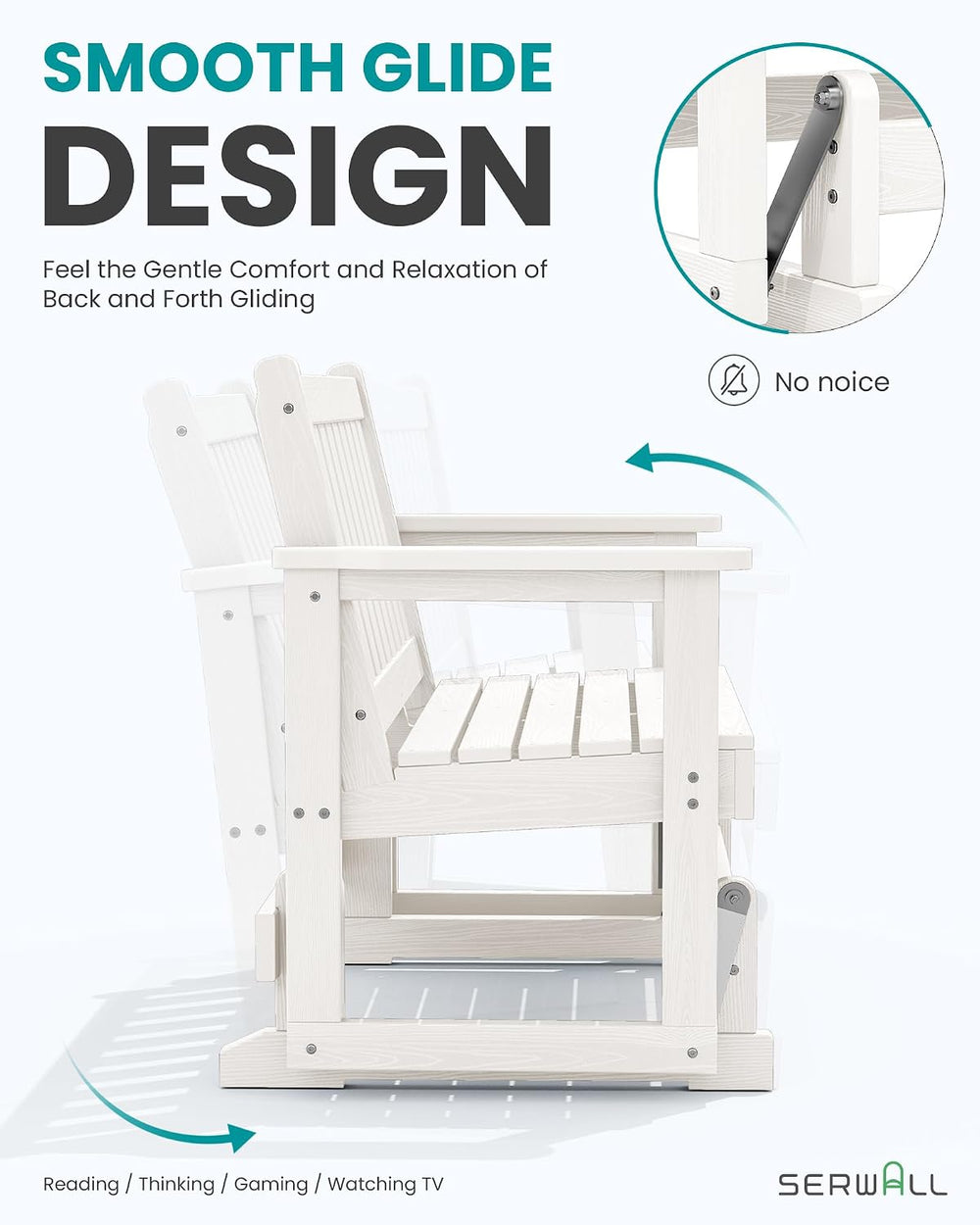 SERWALL 2 Person Patio Glider Bench, HDPE All Weather Swinging Bench, White