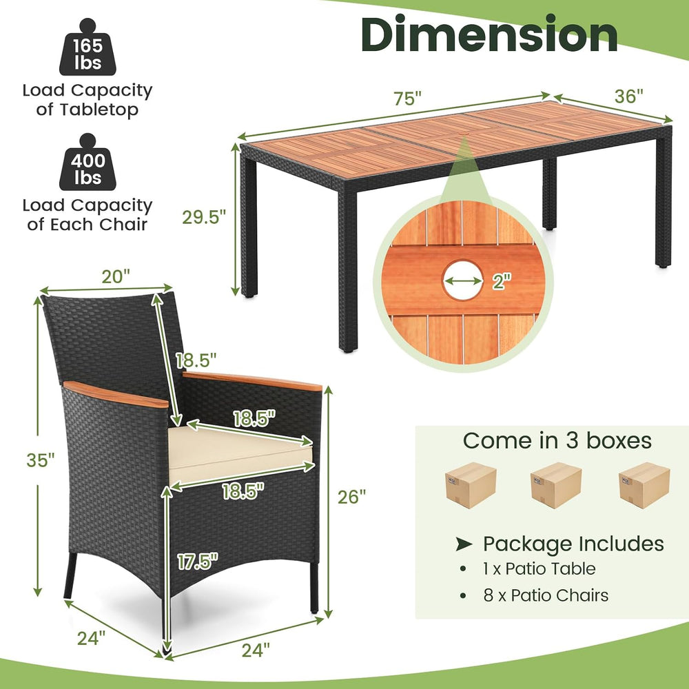 Tangkula 9 Pieces Rattan Outdoor Dining Set for 8, Outdoor Acacia Wood Table ...