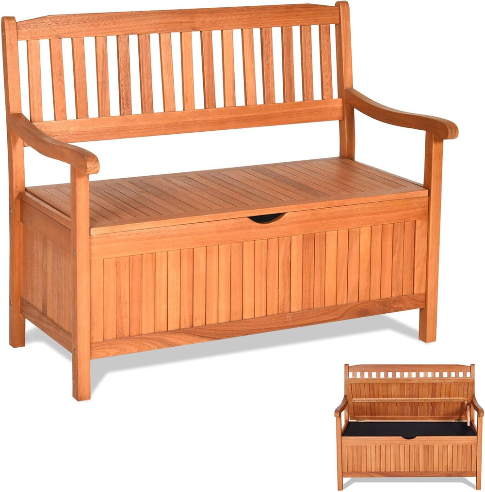 LDAILY 33 Gal Eucalyptus Outdoor Storage Bench, 705 lbs Capacity Deck Box