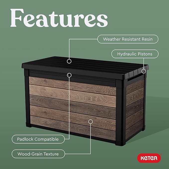 Keter Walnut 100 Gallon Resin Deck Box-Organization and Storage for Patio Fur...