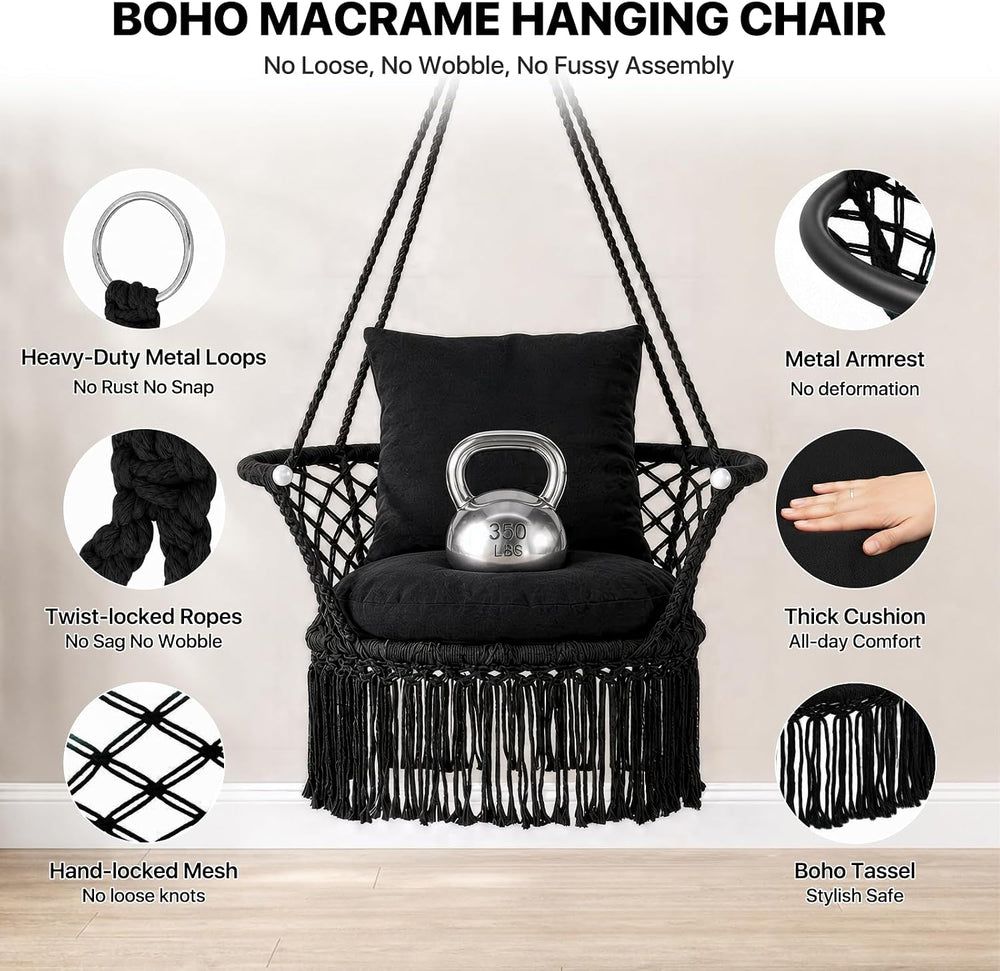 Athena Collection Macrame Hammock Chair with Mounting Hardware Kit, Black