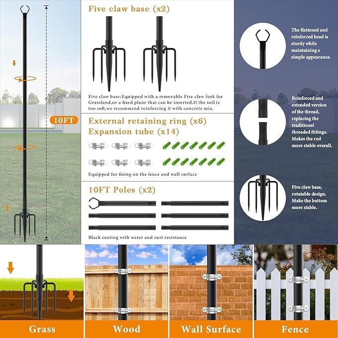 10 Pack String Light Poles,10 Ft Light Poles for Outside String Lights,Outdoo...