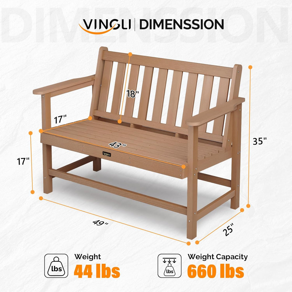 VINGLI 49in HDPE Outdoor Bench with Backrest and Armrests, 2-Person Weatherpr...