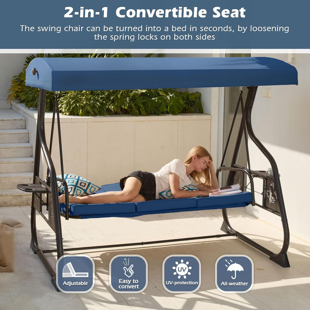 ZZW 3-Seat Patio Porch Swing 800LBS Outdoor Swing with Stand w/Canopy & A...