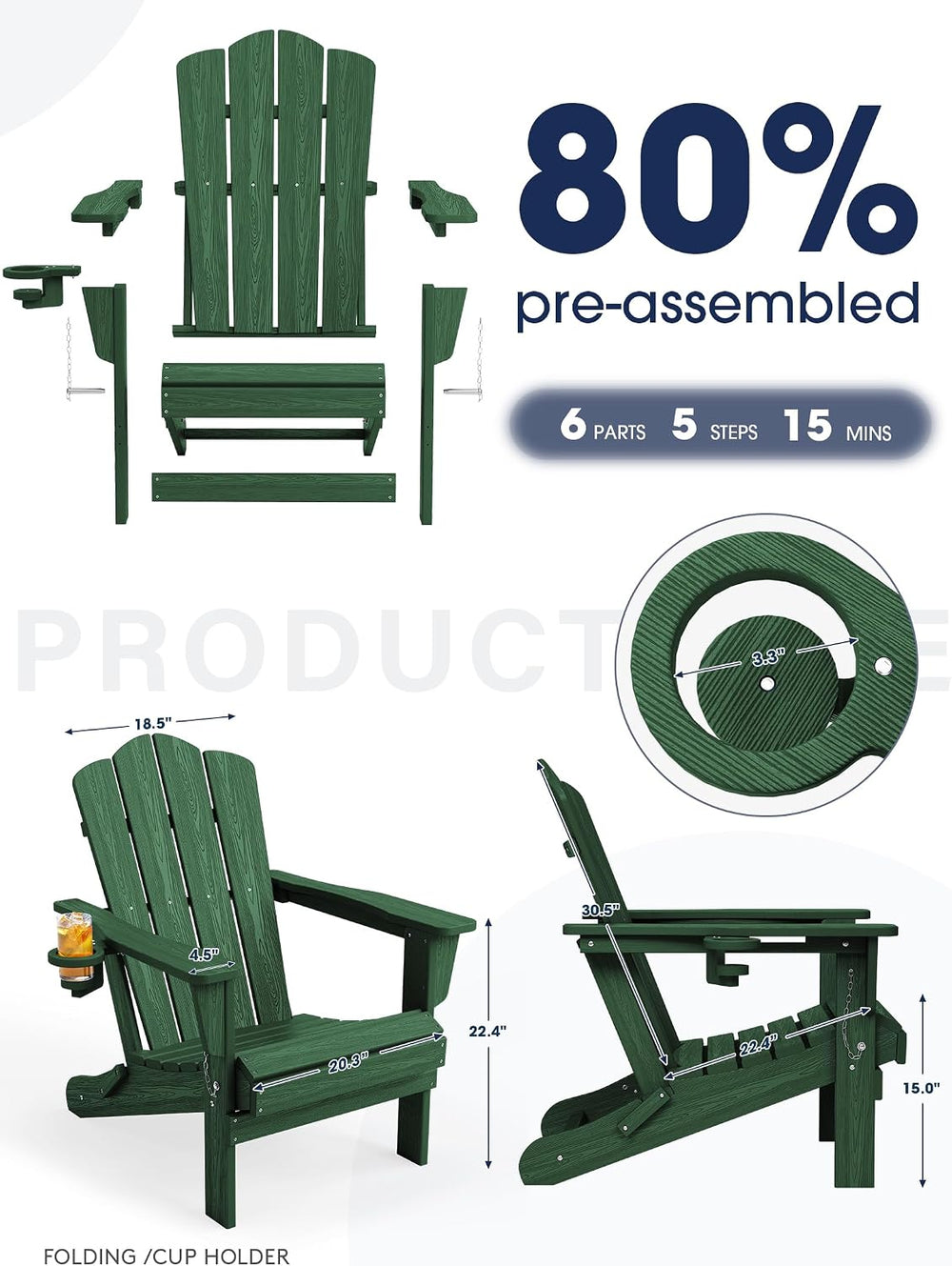 KINGYES Folding Adirondack Chair Set of 2 with Cup Holder, Green