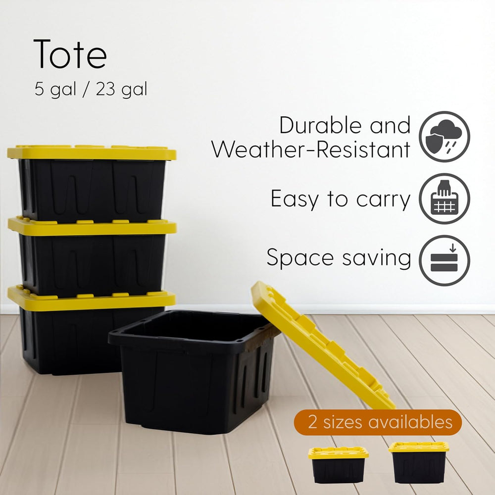 Plastic 5-Gallon Storage Tote with Lockable Lid, 4-Pack - Black/Yellow