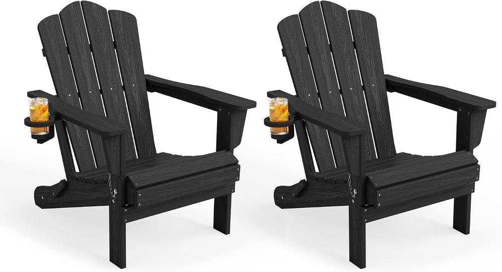 KINGYES Folding Adirondack Chair Set of 2 with Cup Holder, Black