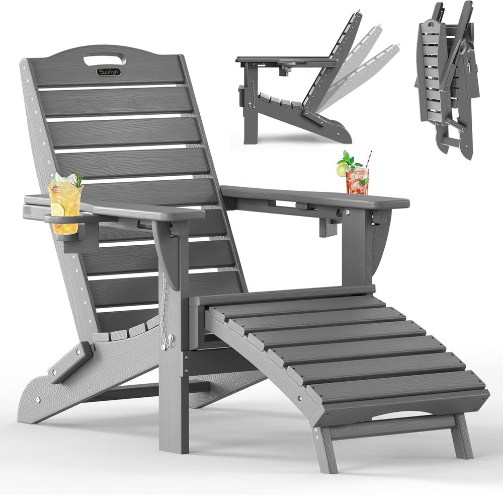 Adjustable Adirondack Chairs with Retractable Ottoman, HDPE Folding Adirondac...