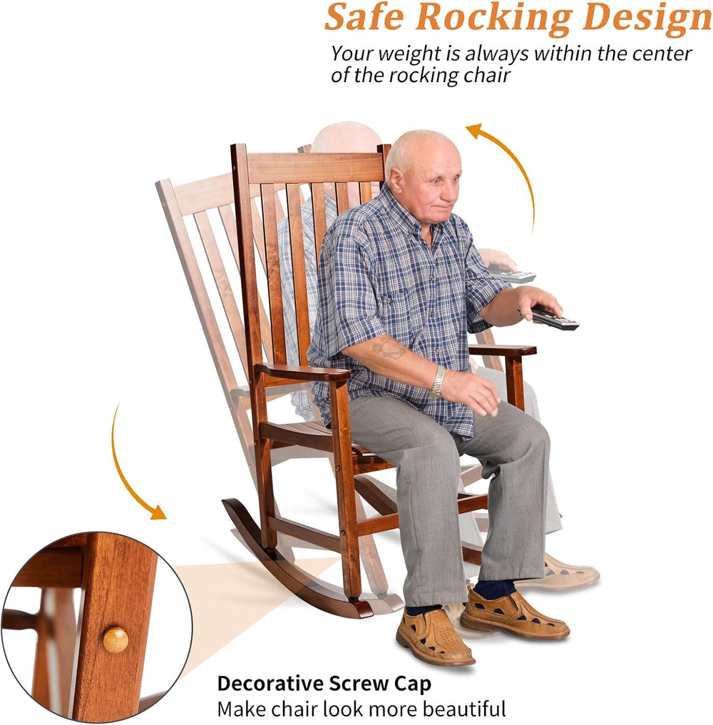 Outvita Outdoor Rocking Chair, Solid Wood High Back Porch Rocker, Natural